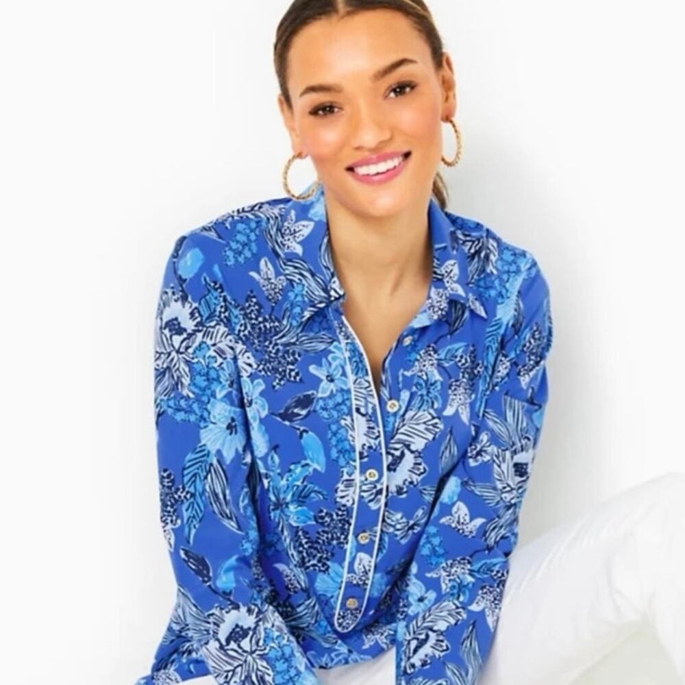 LILLY PULITZER Giavana Tunic UPF 50 Blue Floral Resort Size Medium